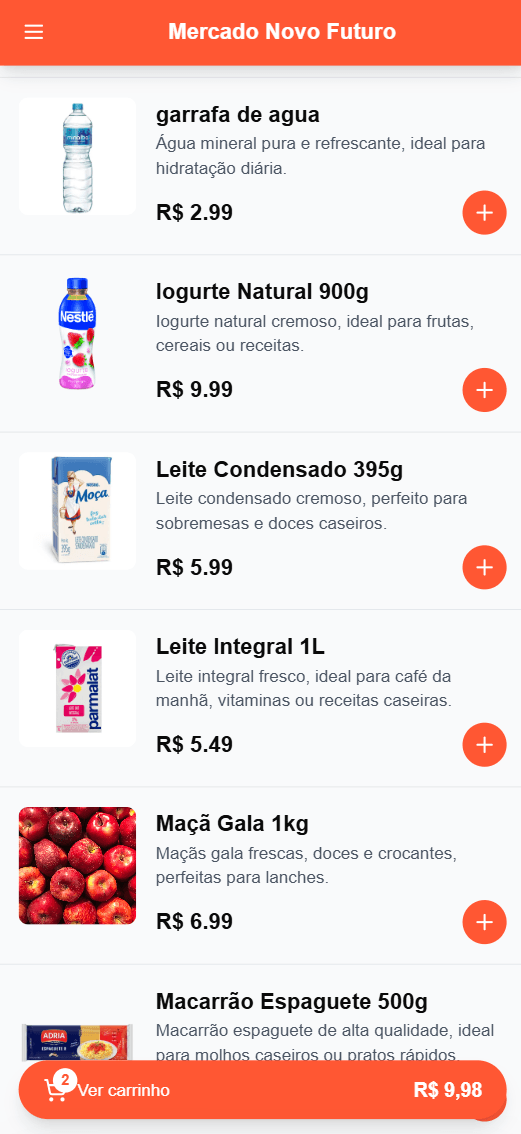 Tela de itens do cardápio